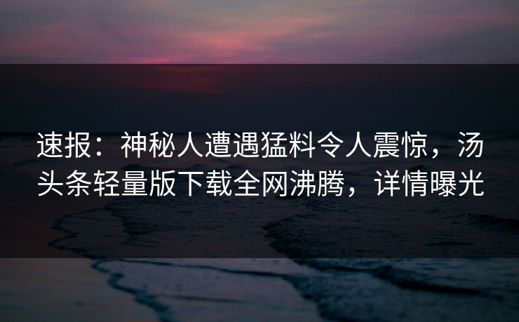 速报：神秘人遭遇猛料令人震惊，汤头条轻量版下载全网沸腾，详情曝光